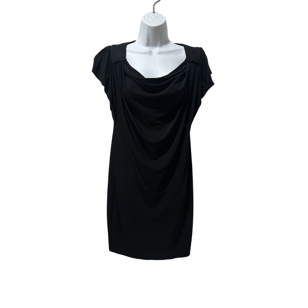 Suzi Chin for Maggy Boutique Black Cowl Neck Sheath Dress Size 2 Cap Sleeve LBD
